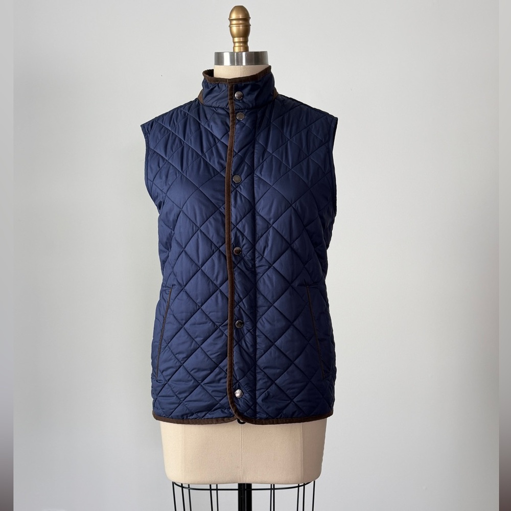 Peter Millar Vest Classic Essex Quilted Traveler Navy Blue and Brown Trim Men’s - Picture 11 of 16